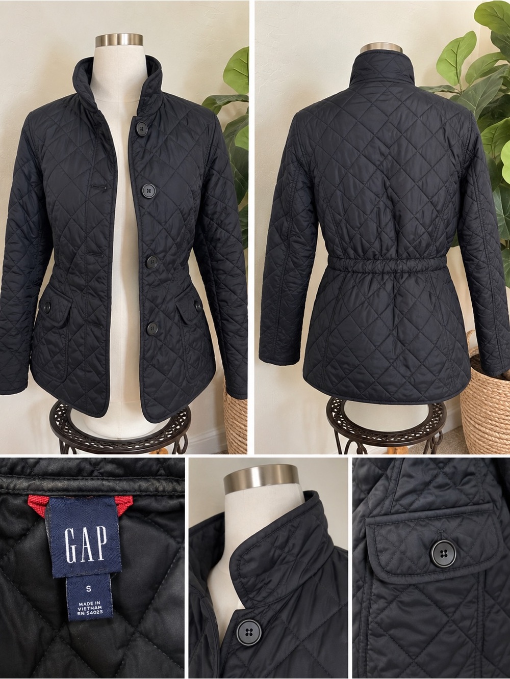 GAP Black Quilted Waist-Drawstring Button Jacket